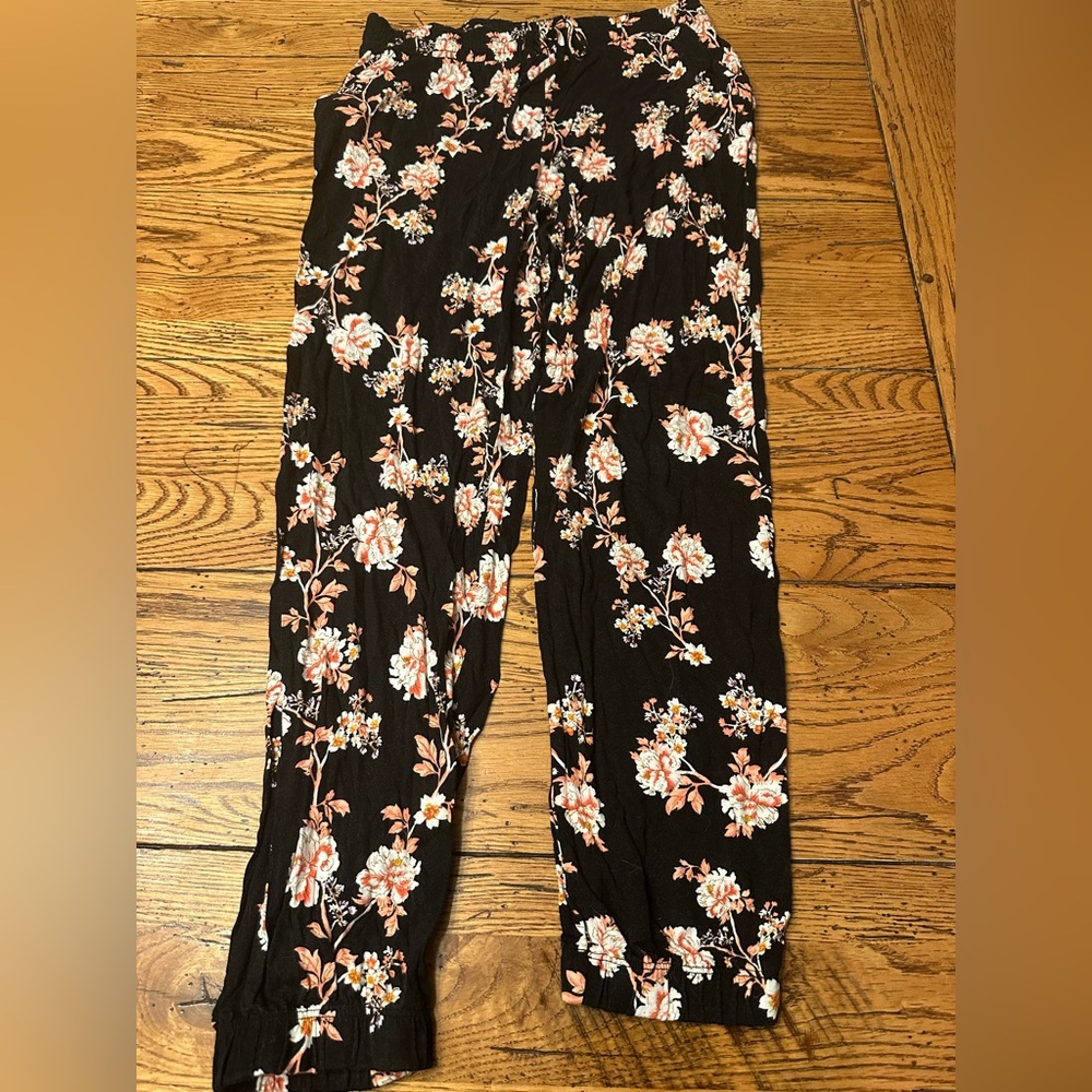 LASCANA VENUS Floral Beach Trousers Tapered Pants Black Pink Coral Jogger - Med